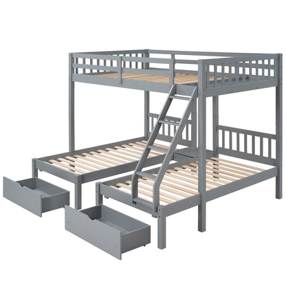 Full Over Twin & Twin Bunk Bed, Wood Triple Bunk Bed with Drawers and Guardrails  (Gray) （OLD SKU:LP000143AAE）