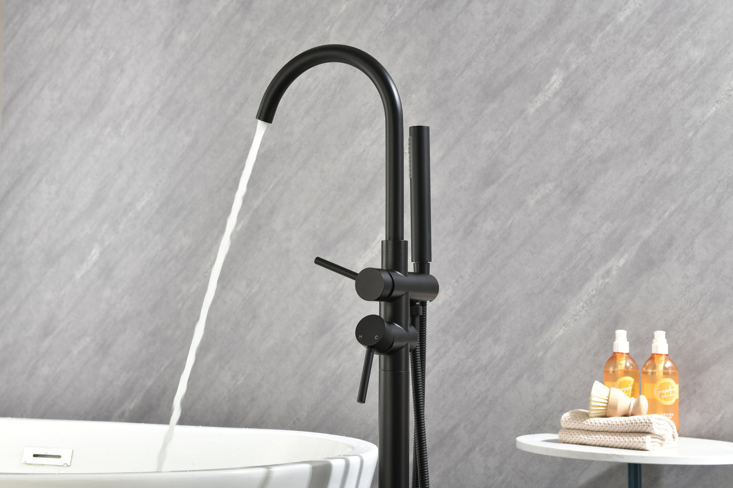 Mount Bathtub Faucet Freestanding Tub Filler Matte Black Standing High Flow Shower Faucets with Handheld Shower Mixer Taps Swivel Spout