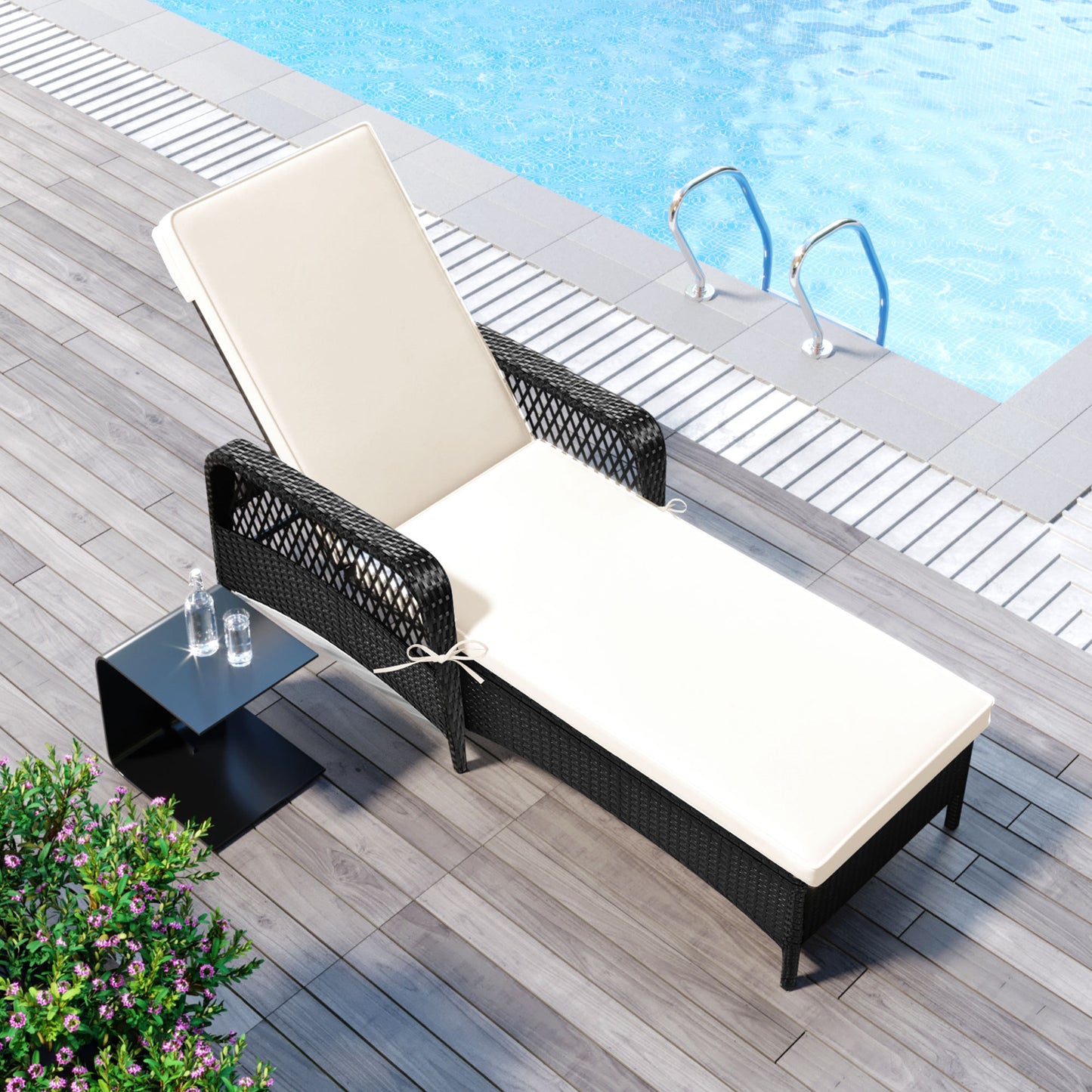 GO Outdoor patio pool PE rattan wicker chair wicker sun lounger, Adjustable backrest, beige cushion, Black wicker (1 set)