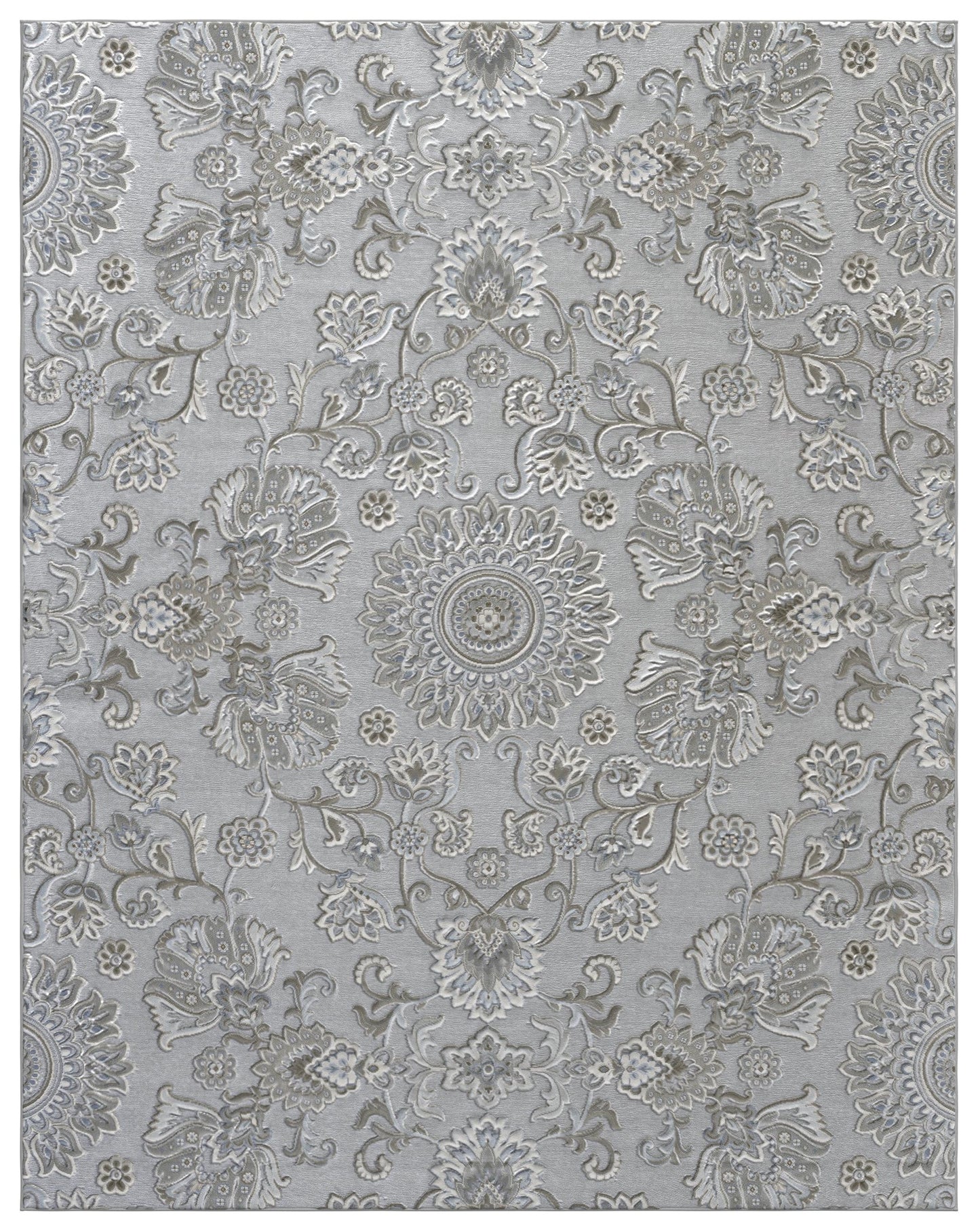 Lily Light Gray, Medium Gray, Blue and Ivory Chenille and Viscose High - Low Area Rug 5x8