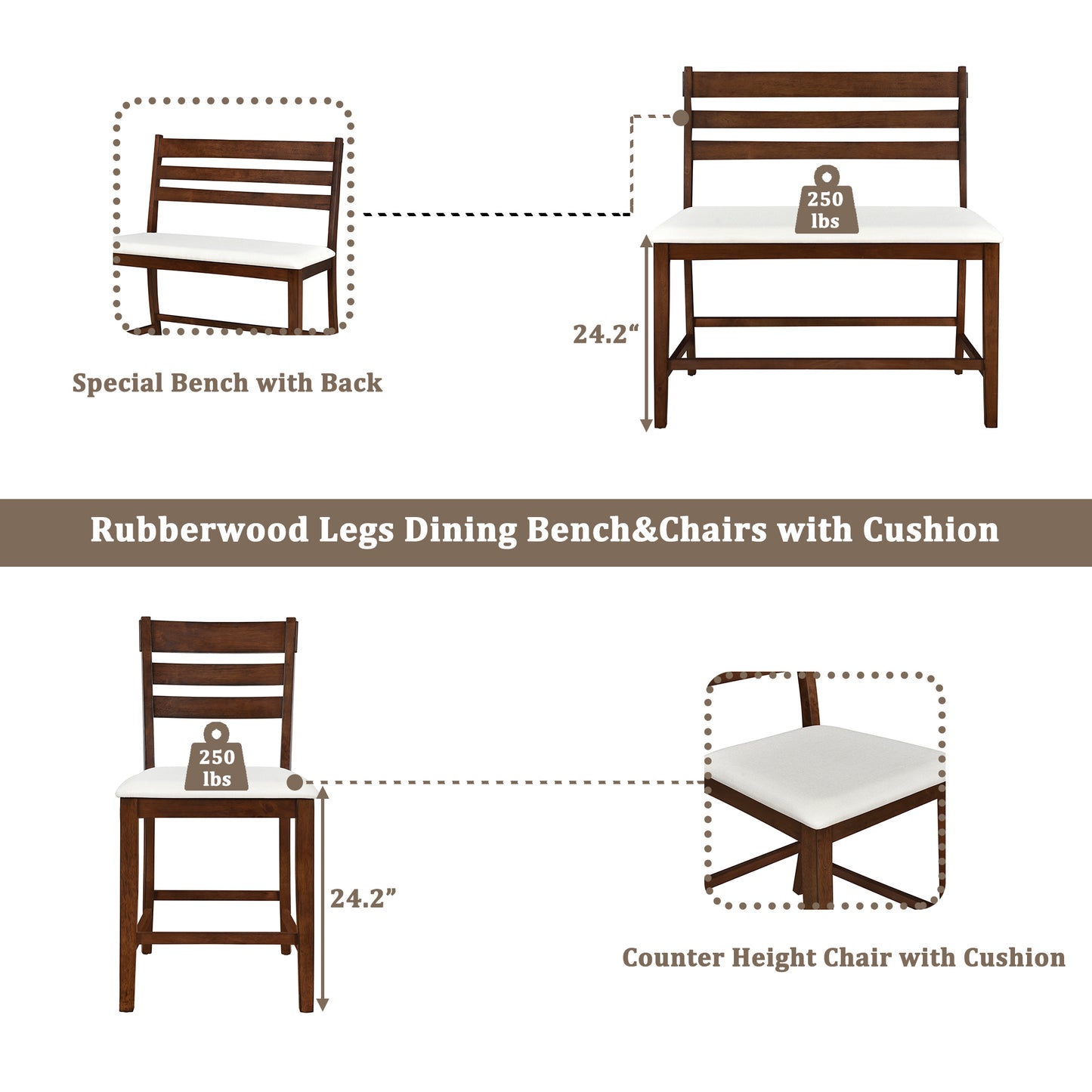 TOPMAX Farmhouse Extendable Counter Height 6-Piece Dining Table Set with Removable Leaf, 4 Dining Chairs and Dining Bench with Back, Brown Walnut+Beige