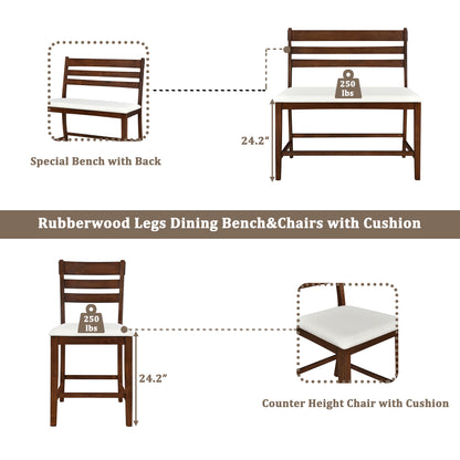 TOPMAX Farmhouse Extendable Counter Height 6-Piece Dining Table Set with Removable Leaf, 4 Dining Chairs and Dining Bench with Back, Brown Walnut+Beige