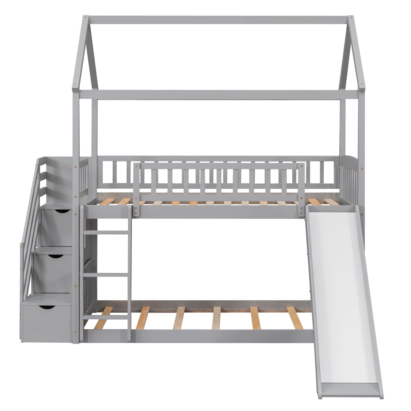 Twin Over Twin Bunk Bed with Drawers and Slide, House Bed with Slide,Gray(OLD SKU :LT000215AAE)