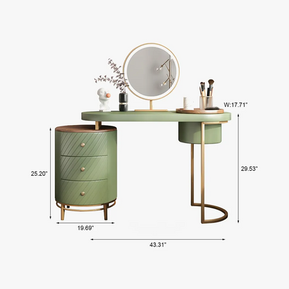 Modern Makeup Vanity Table With LED Lighted Mirror, Dressing Table with Movable Tray Top, 4 Solid Wood Drawer, Without Stool, 43", Green