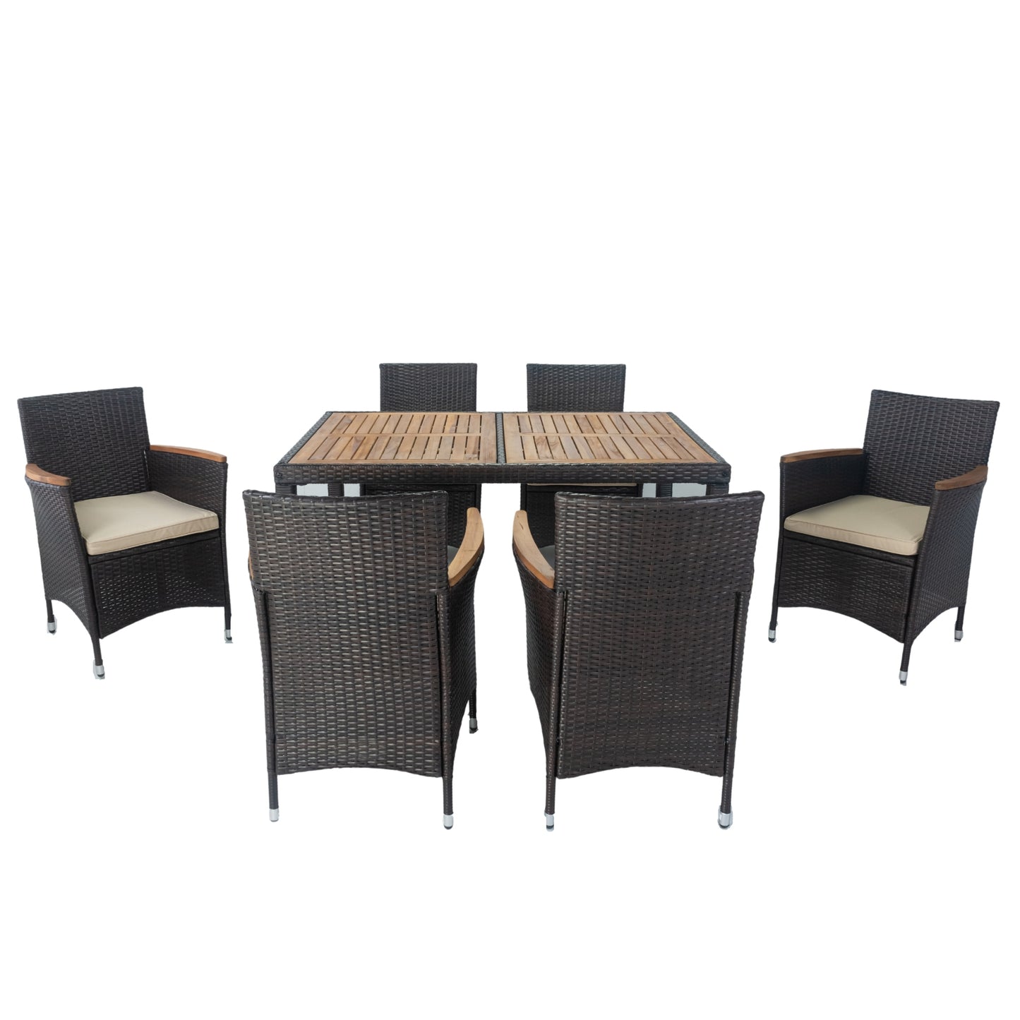 7 piece Outdoor Patio Wicker Dining Set Patio Wicker Furniture Dining Set w/Acacia Wood Top (Brown)