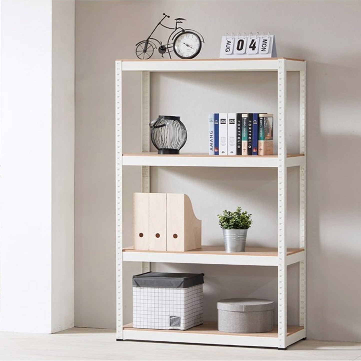 Storage Rack Shelving Unit Storage Shelf Steel Garage Utility Rack 4-Shelf Adjustable Shelves Heavy Duty Display Stand for Books, Kitchenware, Tools Bolt-Free Assembly 31.49"x 14.47"x 59” （White）