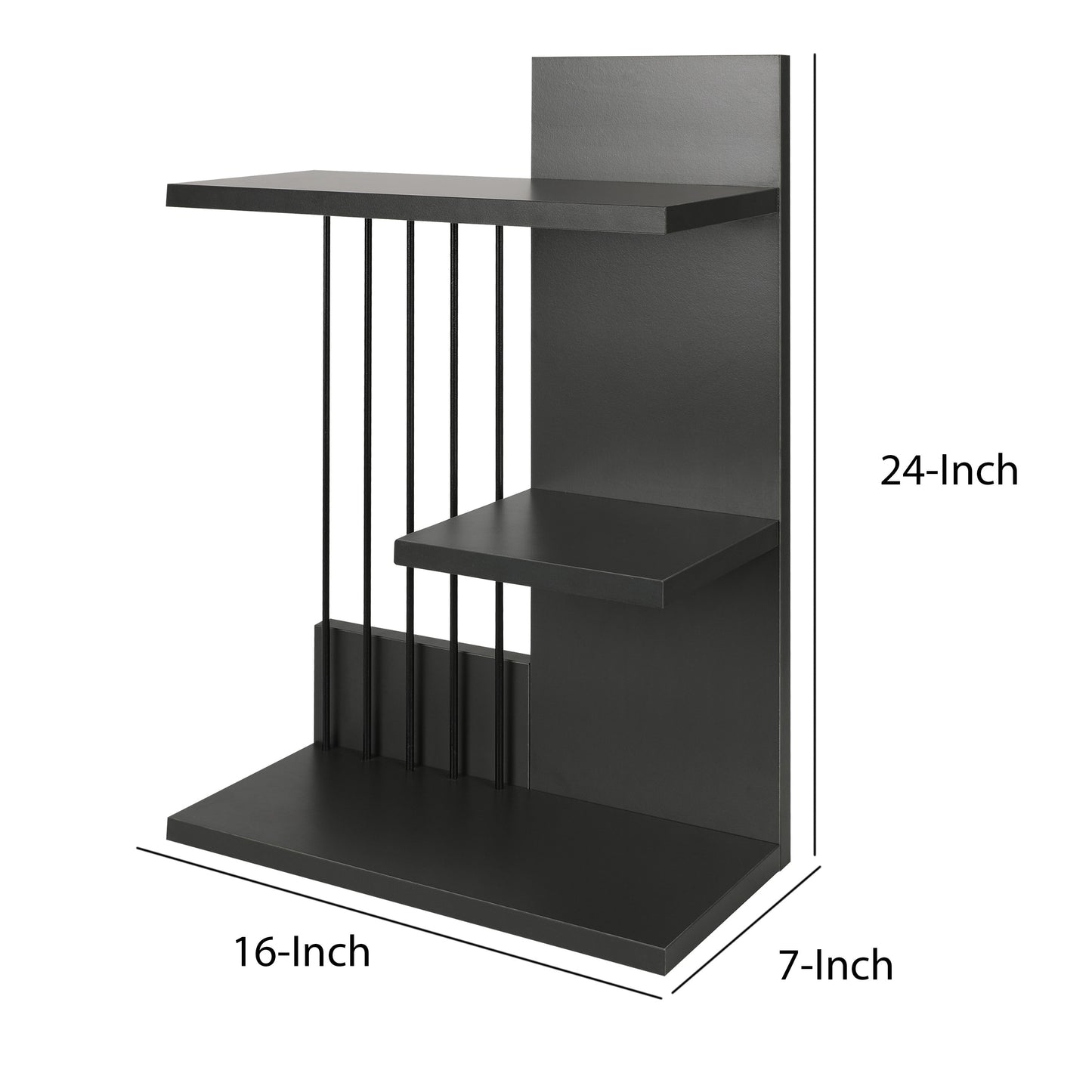 16 Inch 3 Tier Rectangular Wood Floating Wall Mount Shelf with Vertical Bars Accent, Charcoal Gray