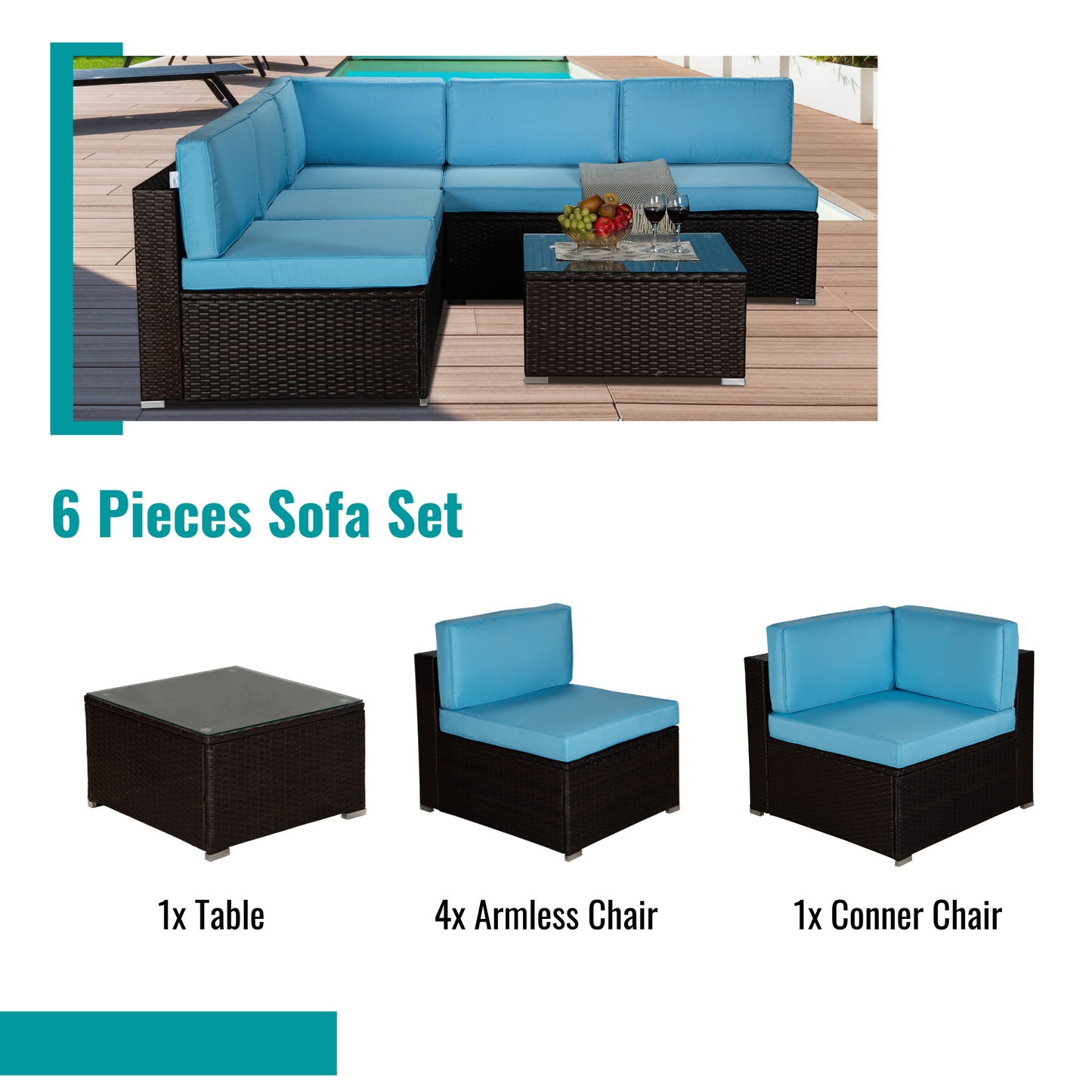 Outdoor Garden Patio Furniture 6-Piece Brown PE Rattan Wicker Sectional Blue Cushioned Sofa Sets