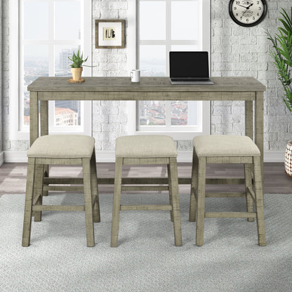 TOPMAX 4 Pieces Counter Height Table with Fabric Padded Stools,Rustic Bar Dining Set with Socket,Gray Green