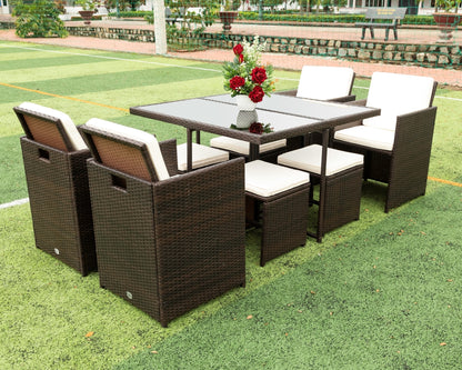 9 Pieces Patio Dining Sets Outdoor Space Saving Rattan Chairs with Glass Table Patio Furniture Sets Cushioned Seating and Back Sectional Conversation Set