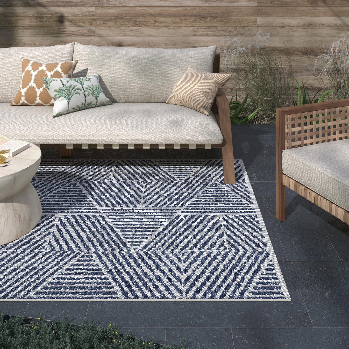 Pyramids White, Linen, Faded Denim Indoor / Outdoor Polypropylene Area Rug 8x10