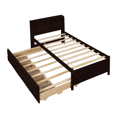 Twin Bed with Bookcase,Twin Trundle,Drawers,Espresso