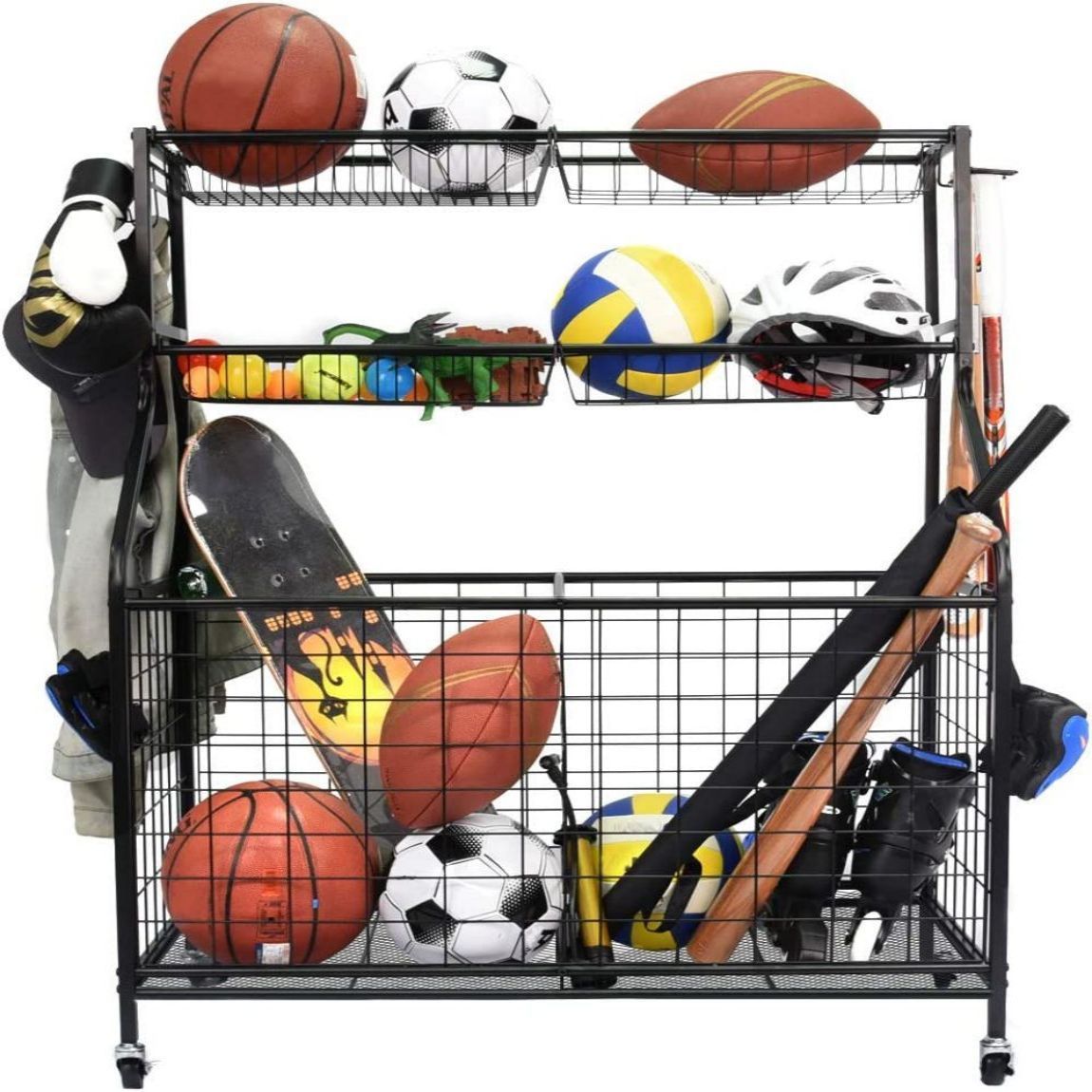 Sports Equipment Organizer, Sports Gear Basketball Storage with Baskets and Hooks,Ball Storage Rack, Garage Ball Storage, Sports Gear Storage,Rolling Sports Ball Storage Cart, Black