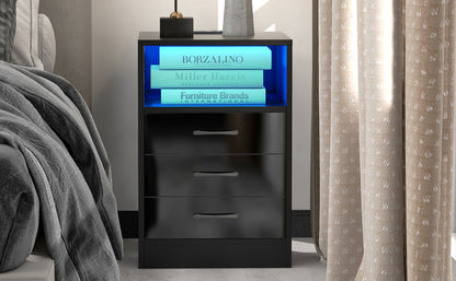 Nightstand with 3 Drawers and Cabinet,USB Charging Ports, Wireless Charging and Remote Control LED Light-Black