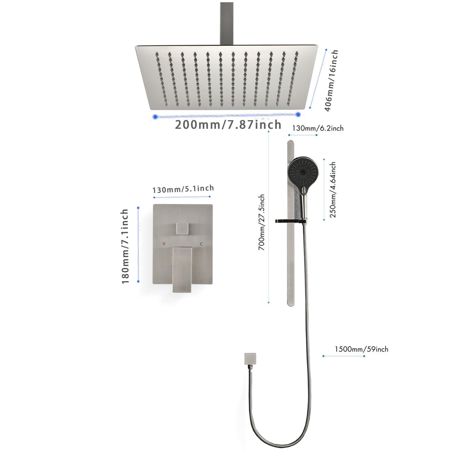 Shower System 16Inch Square Bathroom Luxury Rain Mixer Shower Combo Set Pressure Balanced Shower System with Shower Head, Hand Shower, Slide Bar, Shower Arm, Hose, and Valve Trim