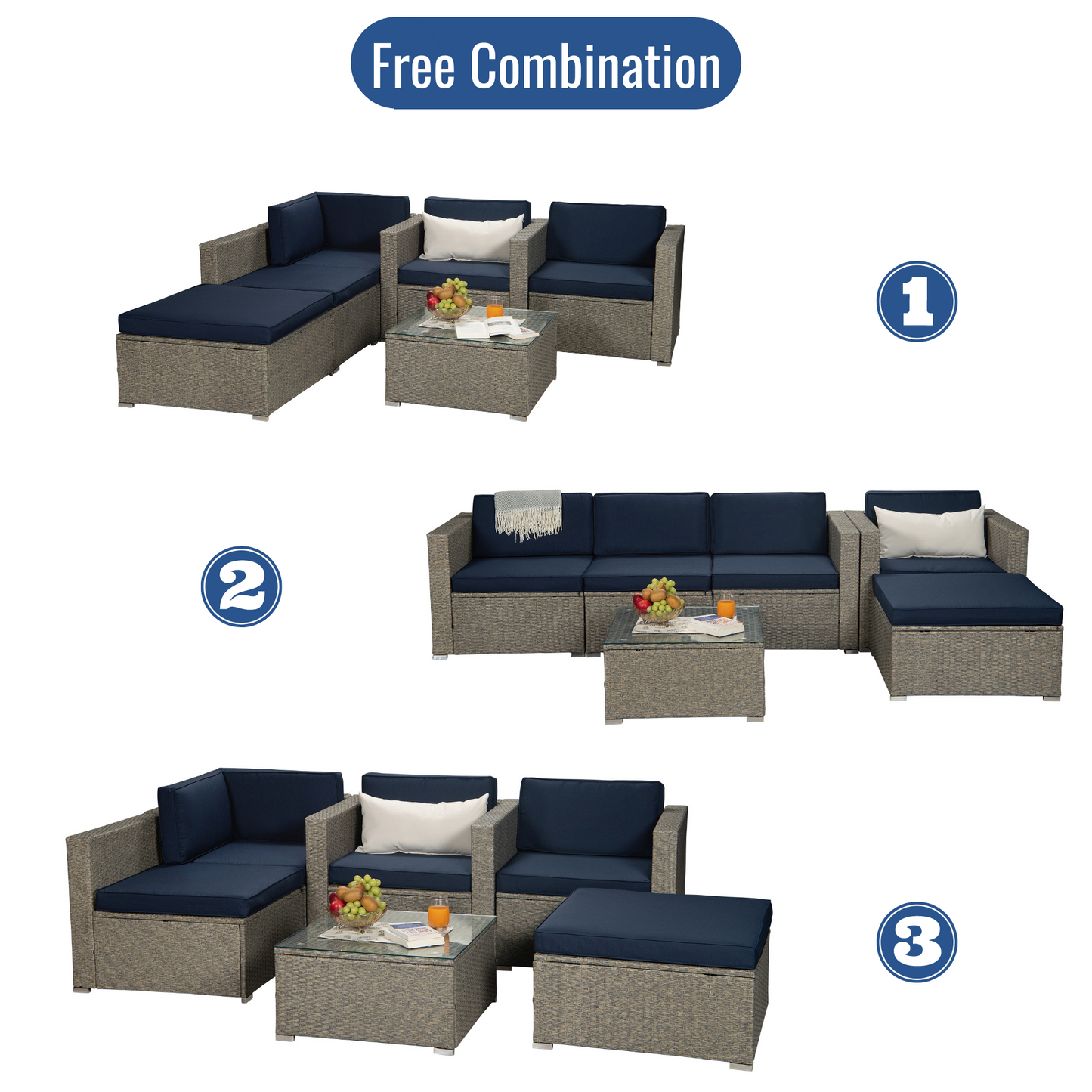 Outdoor Garden Patio Furniture 6-Piece Gray Mix Yellow PE Rattan Wicker Sectional Navy Cushioned Sofa Sets with 1 Beige Pillows