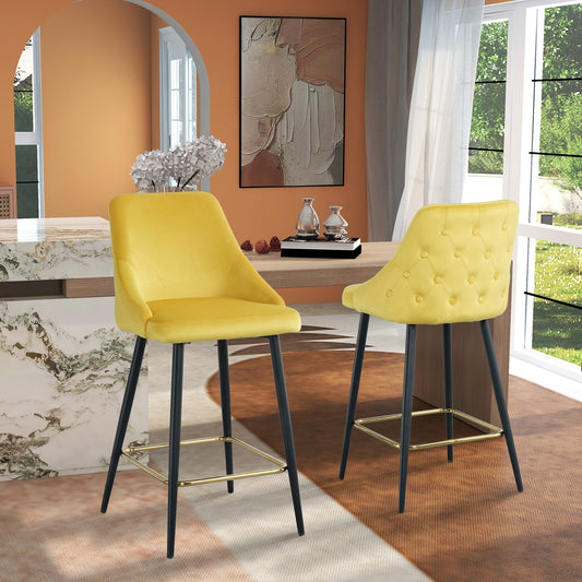 Luxury Modern Yellow Velvet Upholstered High Bar Stool Chair With Gold Legs(set of 2)