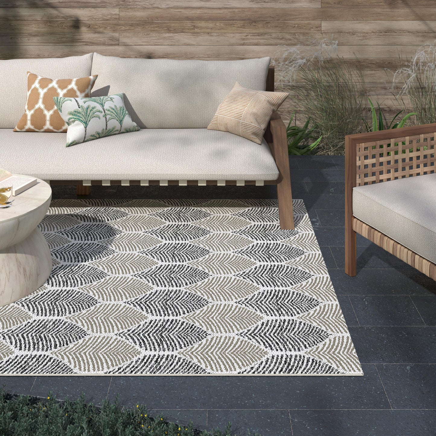 Foliage White, Neutral, Black Indoor / Outdoor Polypropylene Area Rug 5x8