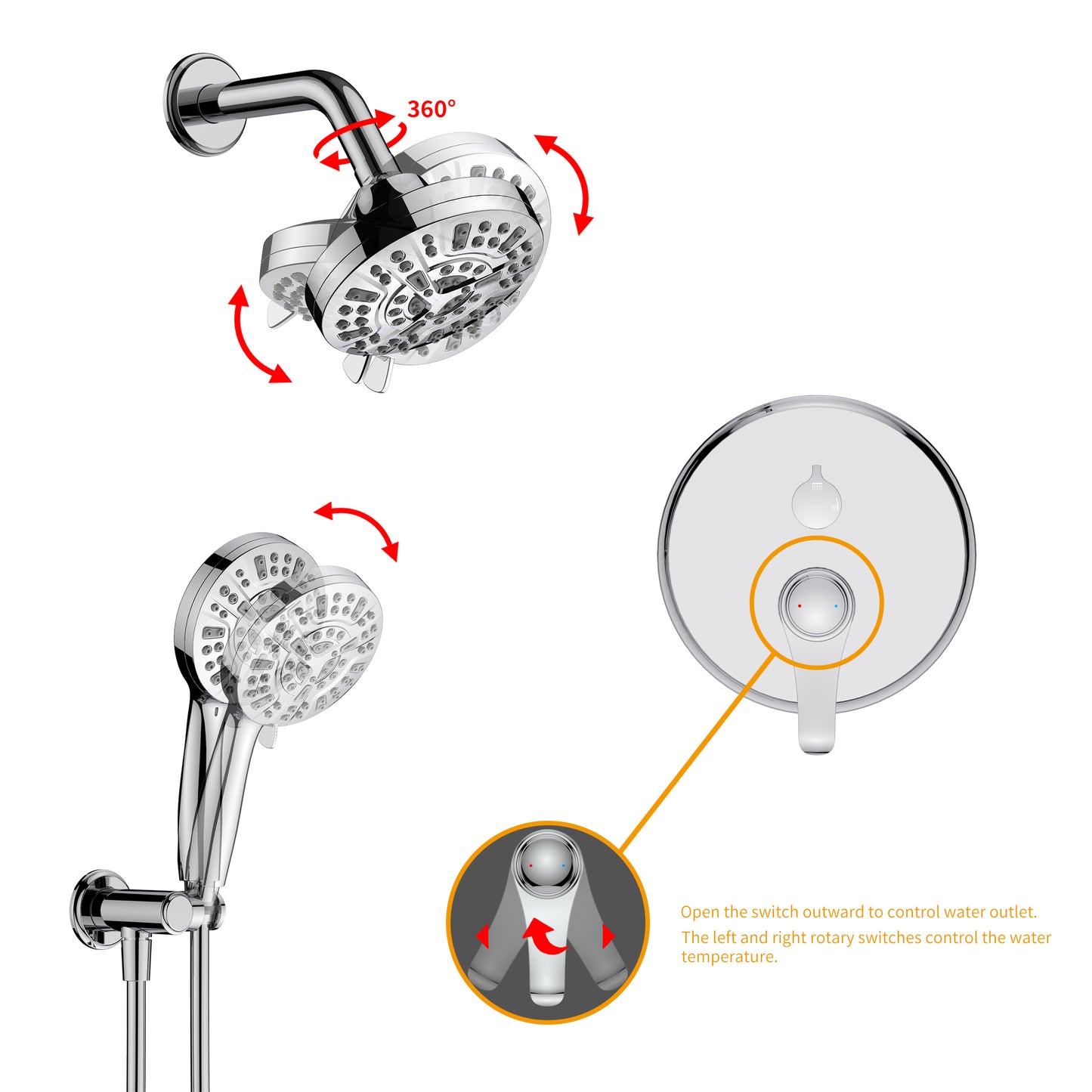 Large Amount of water Multi Function Shower Head - Shower System,  9-Function Hand Shower, Simple Style, Chrome
