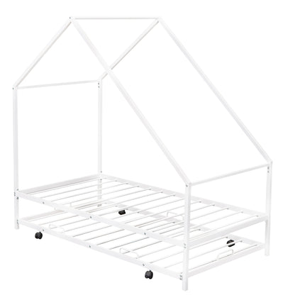 Metal House Bed With Trundle, Twin Size House Bed White