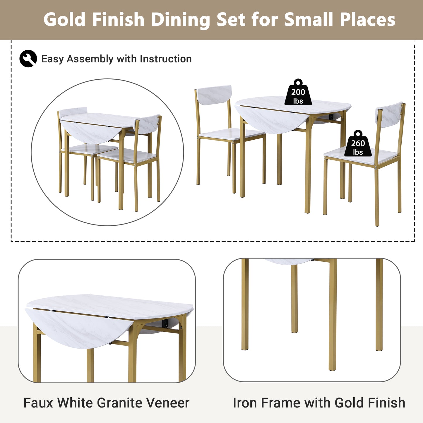 TOPMAX Modern 3-Piece Round Dining Table Set with Drop Leaf and 2 Chairs for Small Places,Golden Frame+Faux White Granite Finish