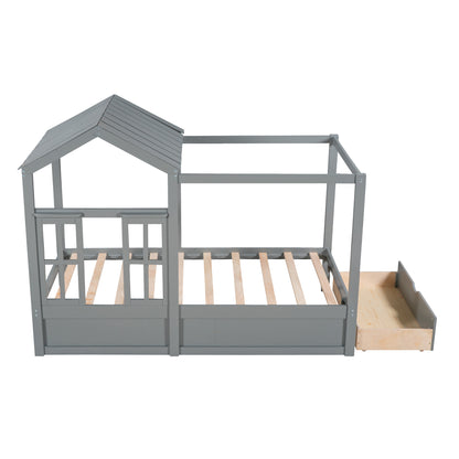 Twin Size House Bed with Roof, Window and Drawer - Gray