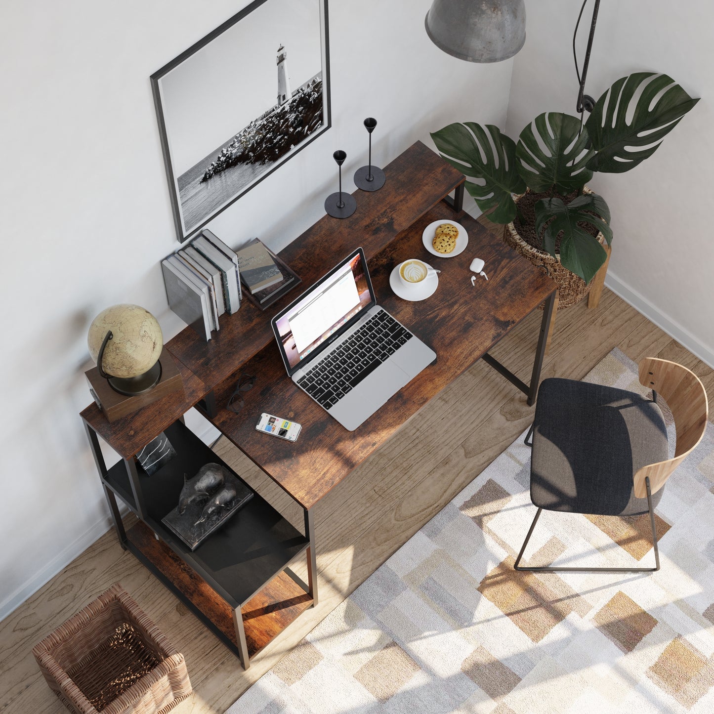 Computer Desk with Storage Shelves（Rustic Brown+Black）