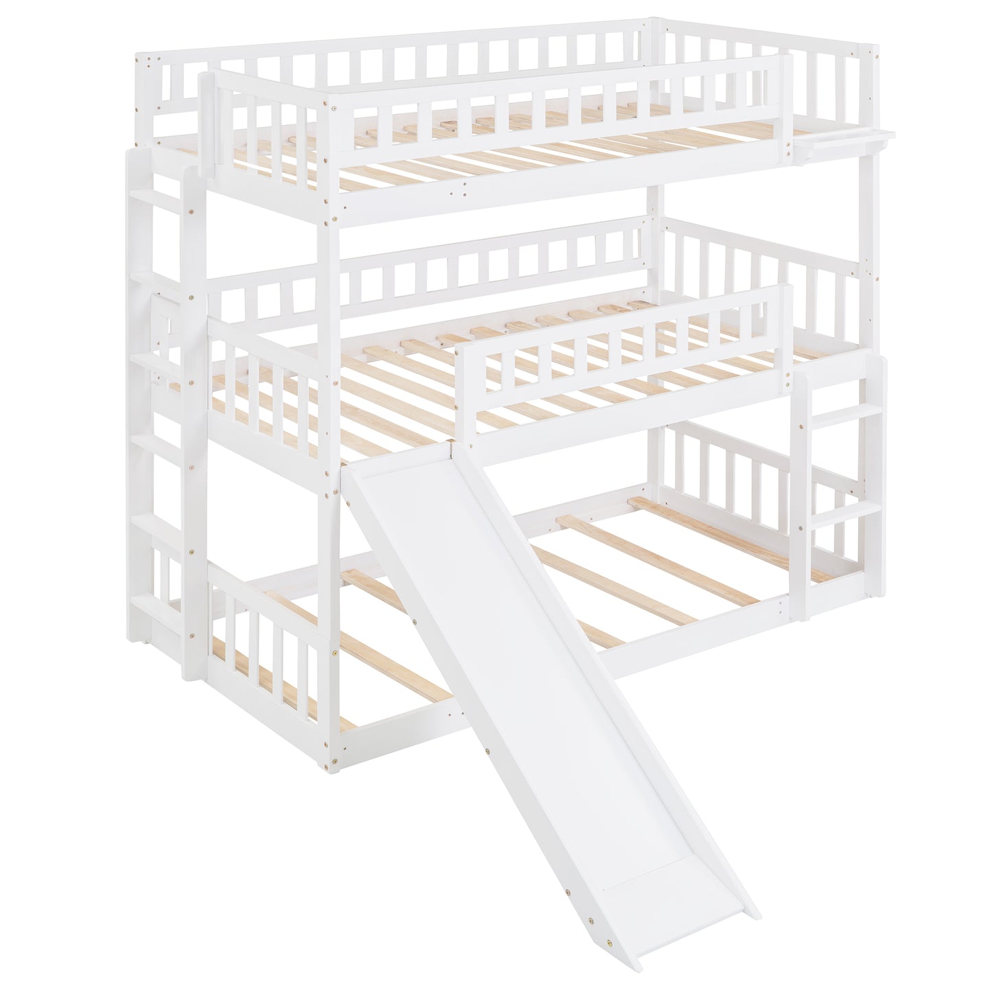 Twin-Over-Twin-Over-Twin Triple Bed with Built-in Ladder and Slide, Triple Bunk Bed with Guardrails, White(OLD SKU: LP000051AAK)