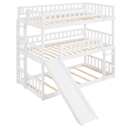 Twin-Over-Twin-Over-Twin Triple Bed with Built-in Ladder and Slide, Triple Bunk Bed with Guardrails, White(OLD SKU: LP000051AAK)