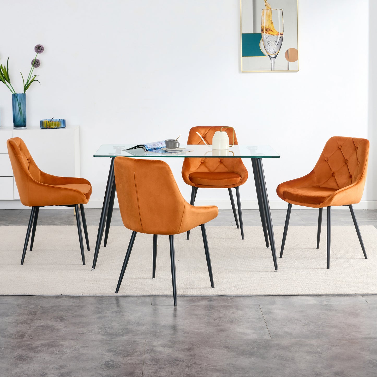 Kitchen Dining Room Metal legs Glass Table Set with 4 pcs orange velvet fabric dining chairs