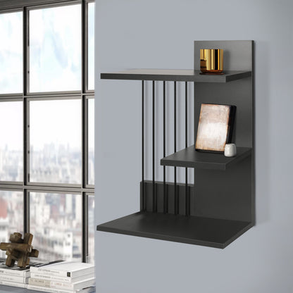 16 Inch 3 Tier Rectangular Wood Floating Wall Mount Shelf with Vertical Bars Accent, Charcoal Gray