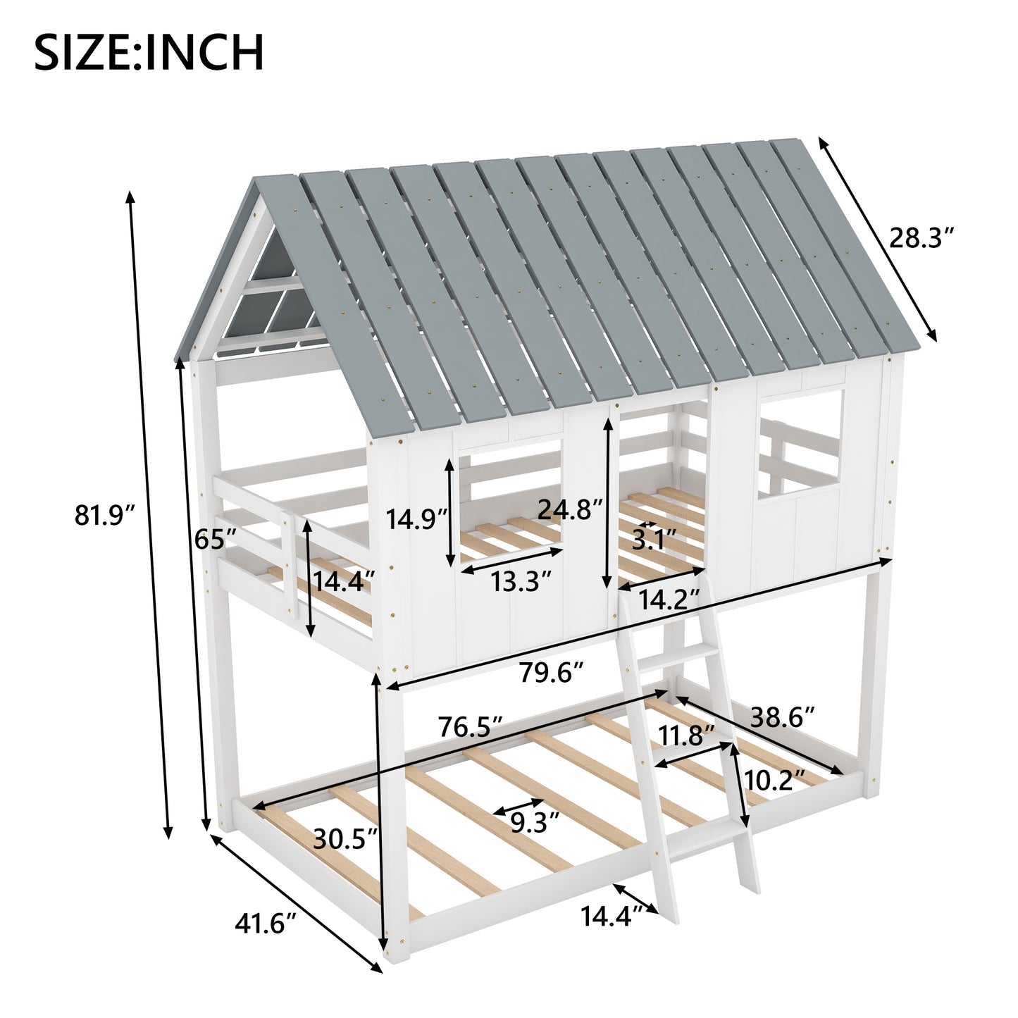 Twin over Twin Size Low Bunk Beds with Roof and Fence-shaped Guardrail, White