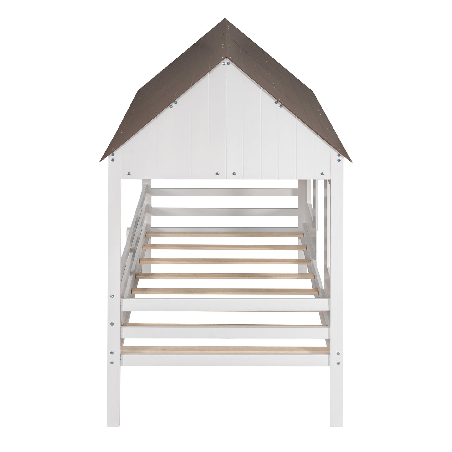 Twin Size Low Loft Wood House Bed with Two Front Windows, (White+Brown Roof)(OLD SKU:LP000039AAH)