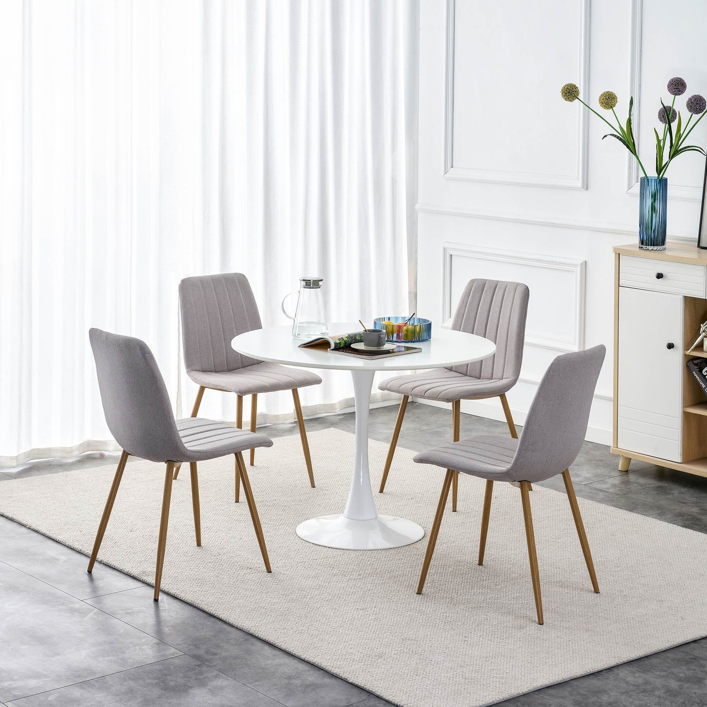 Dining Chairs Set of 4, Modern Style Dining Kitchen Room Upholstered Side Chairs.Accent office Chairs with Soft Linen and Wood color Metal Legs.For dining room living room office.Light grey