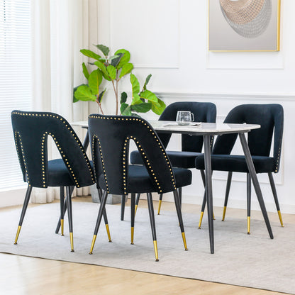 A&A Furniture,Akoya Collection Modern | Contemporary Velvet Upholstered Dining Chair with Nailheads and Gold Tipped Black Metal Legs,Black，Set of 2