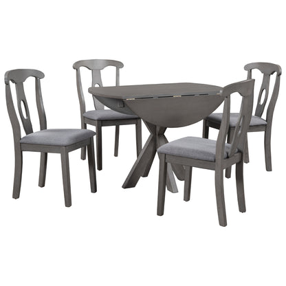 TOPMAX Rustic Farmhouse 5-Piece Wood Round Dining Table Set for 4, Kitchen Furniture with Drop Leaf and 4 Padded Dining Chairs for Small Places, Grey