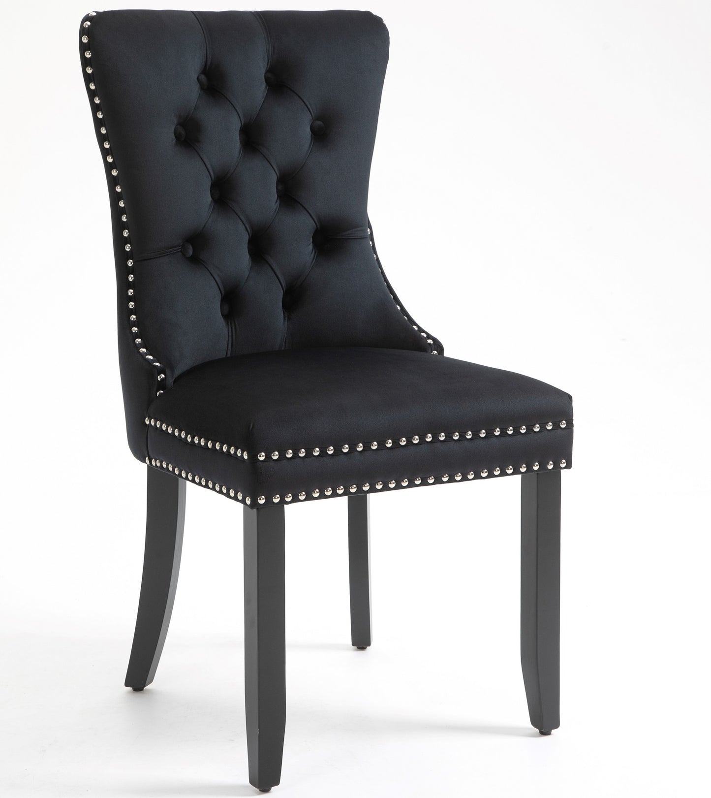 Upholstered Button Tufted Back Black Velvet Dining Chair with Nailhead Trim and Solid Wood Legs 2 Sets