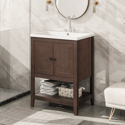 [VIDEO] 24" Brown Modern Sleek Bathroom Vanity Elegant Ceramic Sink with Solid Wood Frame Open Style Shelf