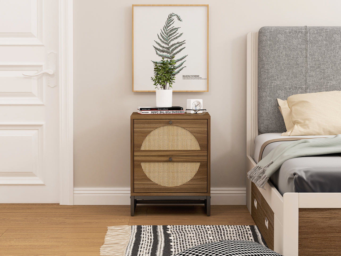 Rattan Nightstand Set of 2, Walnut End Table with 2 Natural Rattan Drawer & Metal Legs