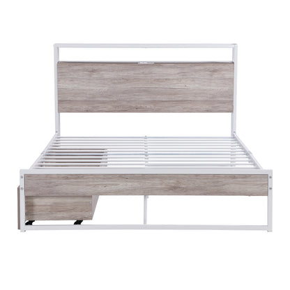 Full Size Metal Platform Bed Frame with  Two Drawers,Sockets and USB Ports ,Slat Support No Box Spring Needed White