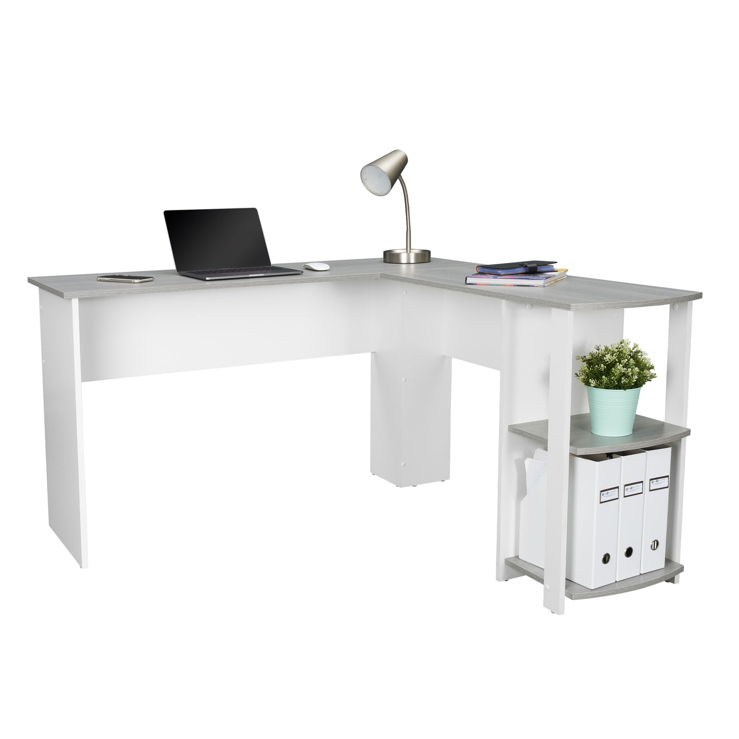 Techni Mobili Modern L-Shaped Desk with Side Shelves, Grey