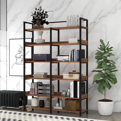 70.8 Inch Tall Bookshelf MDF Boards Stainless Steel Frame, 6-tier Shelves with Back&Side Panel, Adjustable Foot Pads, Brown