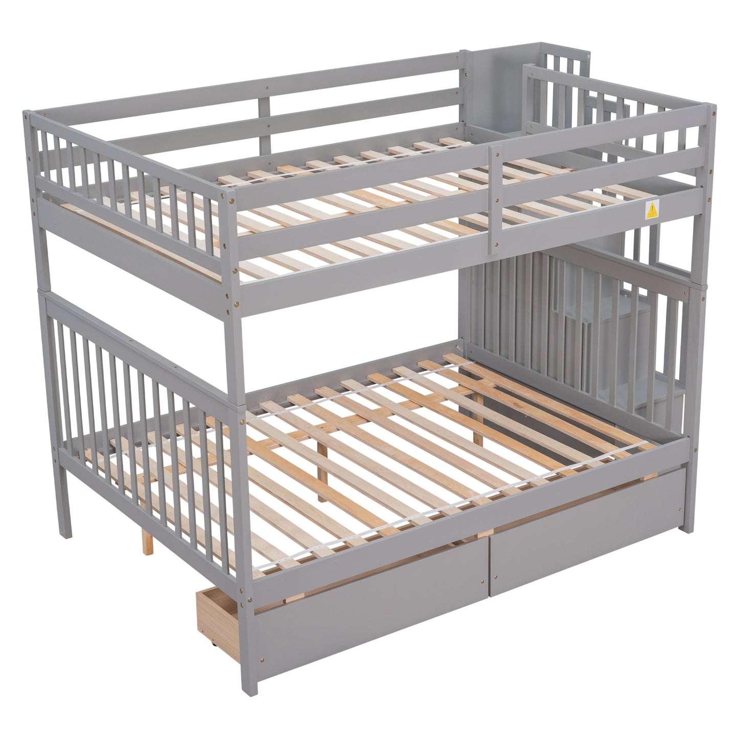 Full Over Full Bunk Bed with 2 Drawers and Staircases, Convertible into 2 Beds, the Bunk Bed with Staircase and Safety Rails for Kids, Teens, Adults, Grey