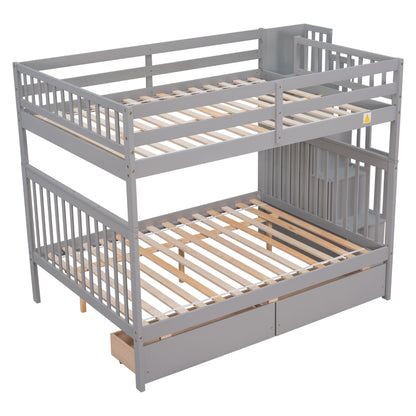 Full Over Full Bunk Bed with 2 Drawers and Staircases, Convertible into 2 Beds, the Bunk Bed with Staircase and Safety Rails for Kids, Teens, Adults, Grey