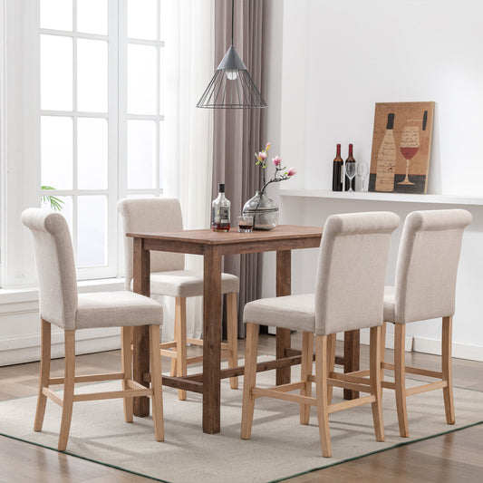 Hengming Set of 2 Bar Stools Soft Cushions with Solid Wood Legs(Beige)