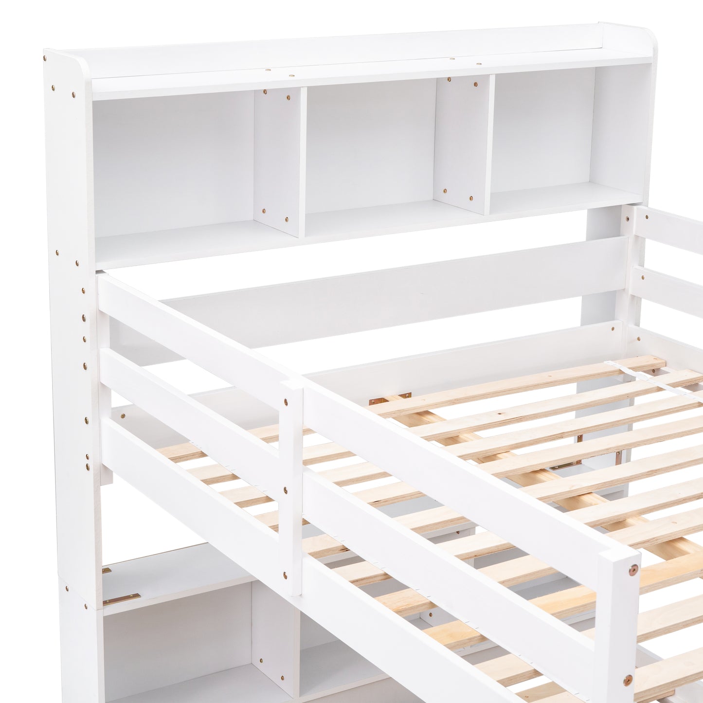 Full Over Full Bunk Beds with Bookcase Headboard, Solid Wood Bed Frame with Safety Rail and Ladder, Kids/Teens Bedroom, Guest Room Furniture, Can Be converted into 2 Beds, White