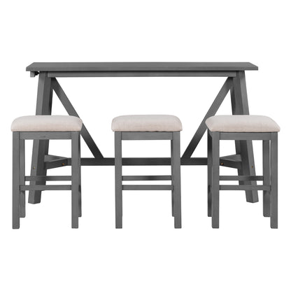 TREXM Multipurpose Home Kitchen Dining Bar Table Set with 3 Upholstered Stools(Gray)