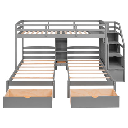 Twin over Twin&Twin Bunk Bed, Triple Bunk Bed with Drawers, Staircase with Storage, Built-in Shelves, Gray