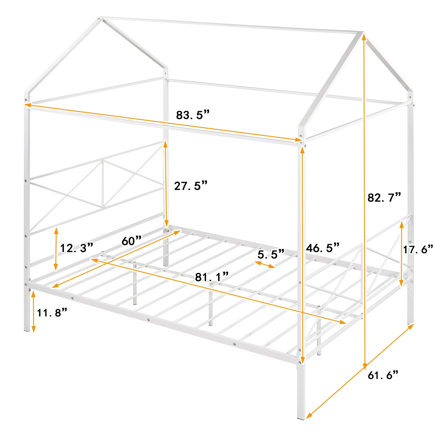 Queen Size Metal House Shape Platform Bed,White