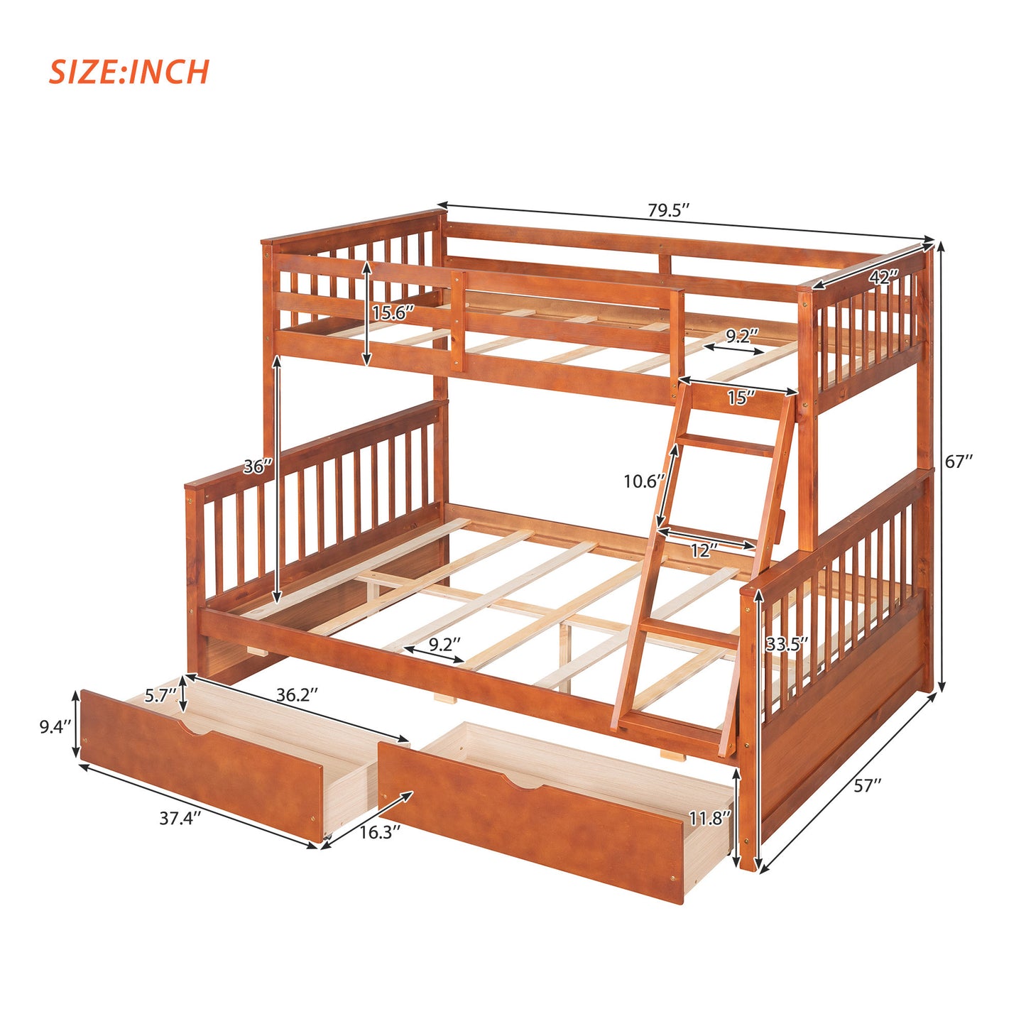 Twin-Over-Full Bunk Bed with Ladders and Two Storage Drawers (Walnut) ( old sku:LT000165AAD）